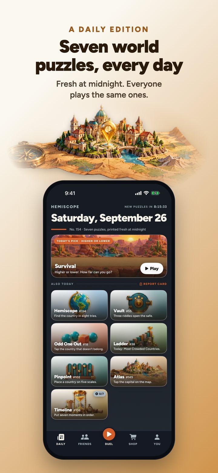 Seven world puzzles, every day — the daily edition